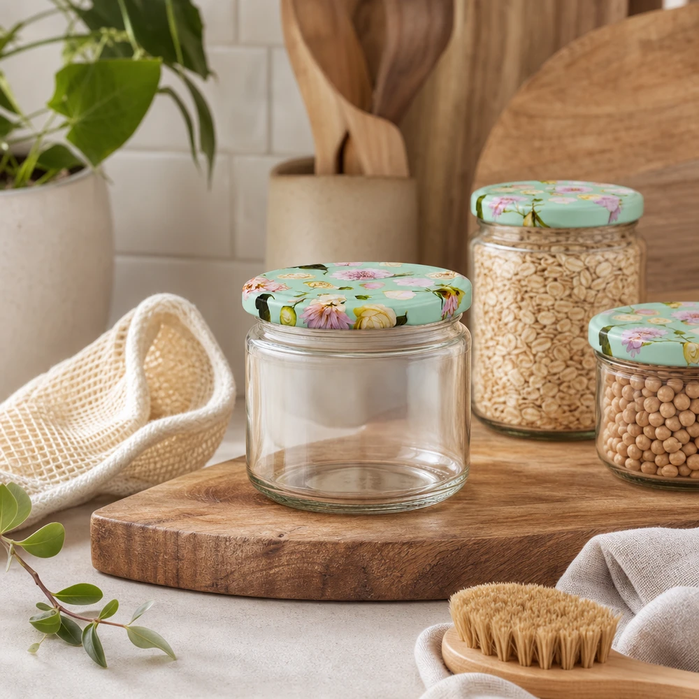 330ml kulatá sklenice + víčko BasicSeal flower mint UNiTWIST 330ml Rundglas mit BasicSeal Deckel Blume mint leer auf Holzbrett neben Hülsenfrüchten und Küchenhelfer