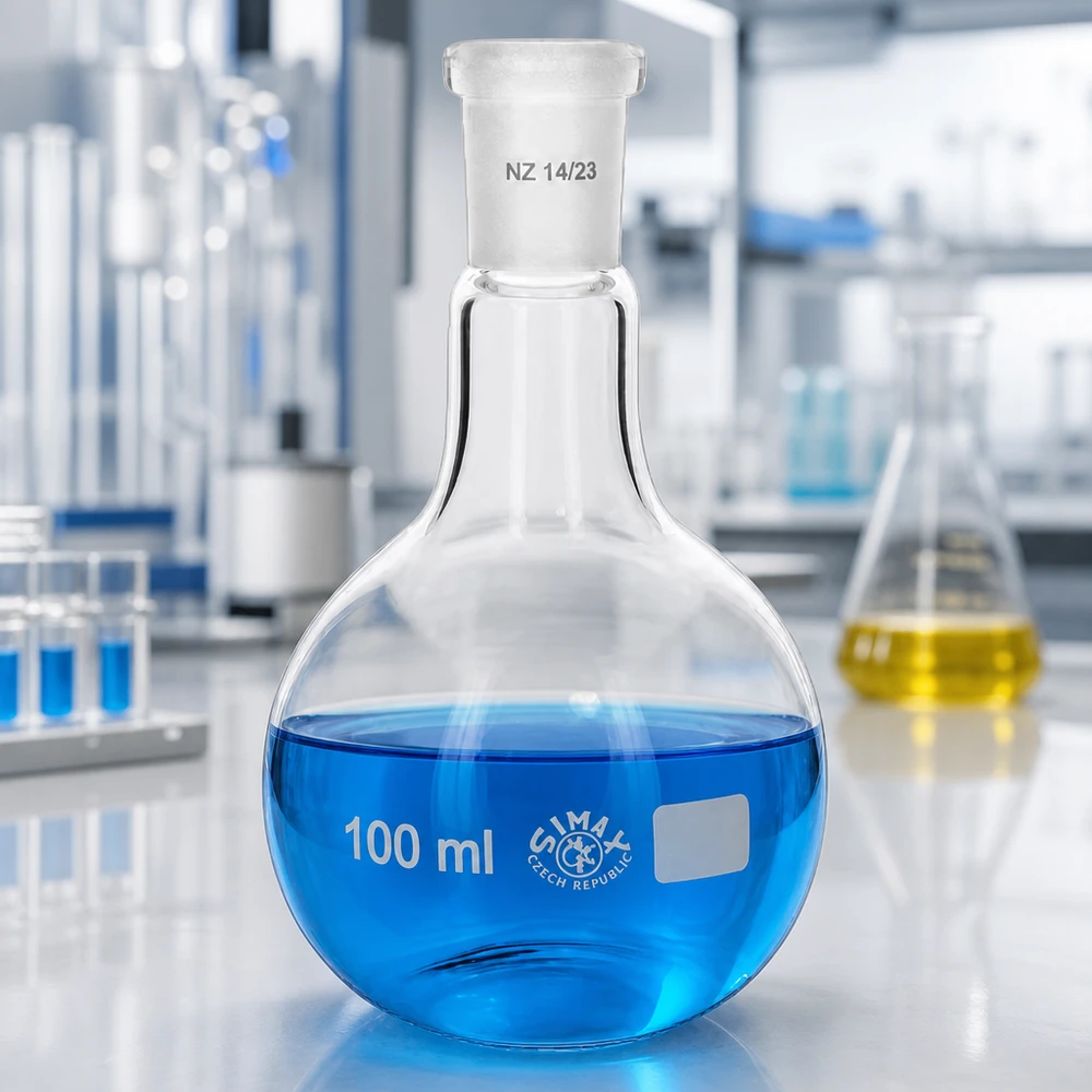 Baňka na kyčelní kloub 100 ml se standardním broušeným kloubem (14/23) Chemiekolben 100ml mit ergonomischem Design und standardisiertem Schliffanschluss