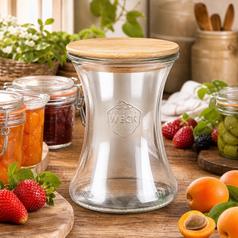 370ml lahůdková sklenice WECK RR80 s dřevěným víčkem kulička. 370ml WECK Delikatessenglas RR80 mit Holzdeckel in rustikaler Küche umgeben von frischen Früchten und Marmeladengläsern