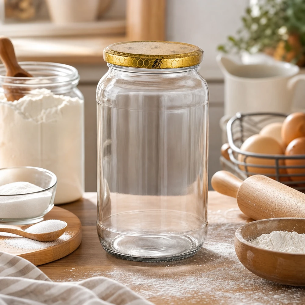 1062ml Rundglas leer in Küchenszene mit Backzutaten Mehl Eier Nudelholz goldener Bienenwabe-Deckel Vorratsglas