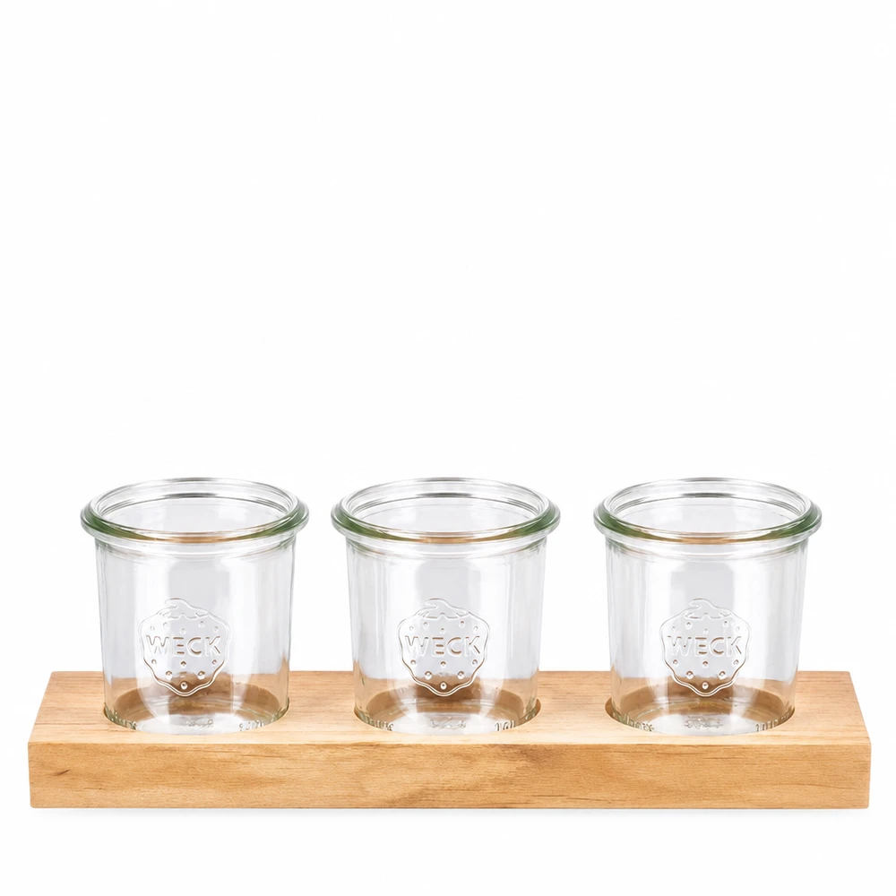 Servírovací prkénko Plano3 se 3 tumblery Weck 140ml Servierbrett Plano3 aus Holz mit 3 WECK Sturzgläsern 140ml für Küche und Aufbewahrung