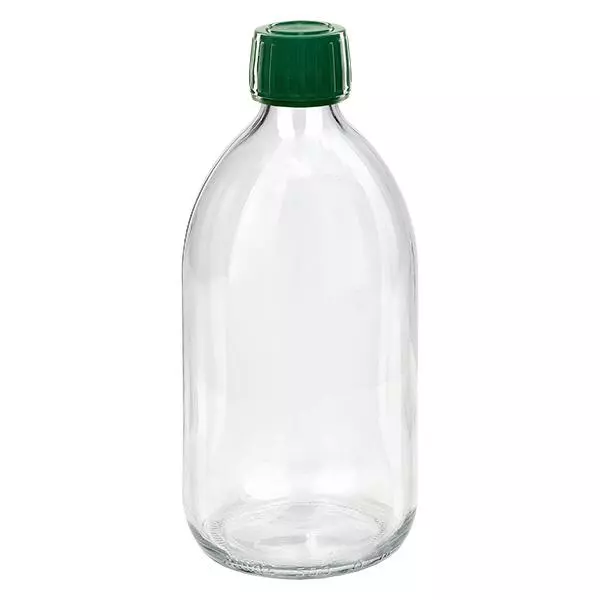 500ml čirá lahvička na léky, zelený uzávěr s pojistným kroužkem proti neoprávněné manipulaci ApoGlas 500ml čirá lahvička na léky, zelený uzávěr s pojistným kroužkem proti neoprávněné manipulaci ApoGlas