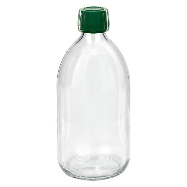 500ml čirá lahvička na léky, zelený uzávěr s pojistným kroužkem proti neoprávněné manipulaci ApoGlas 500ml čirá lahvička na léky, zelený uzávěr s pojistným kroužkem proti neoprávněné manipulaci ApoGlas