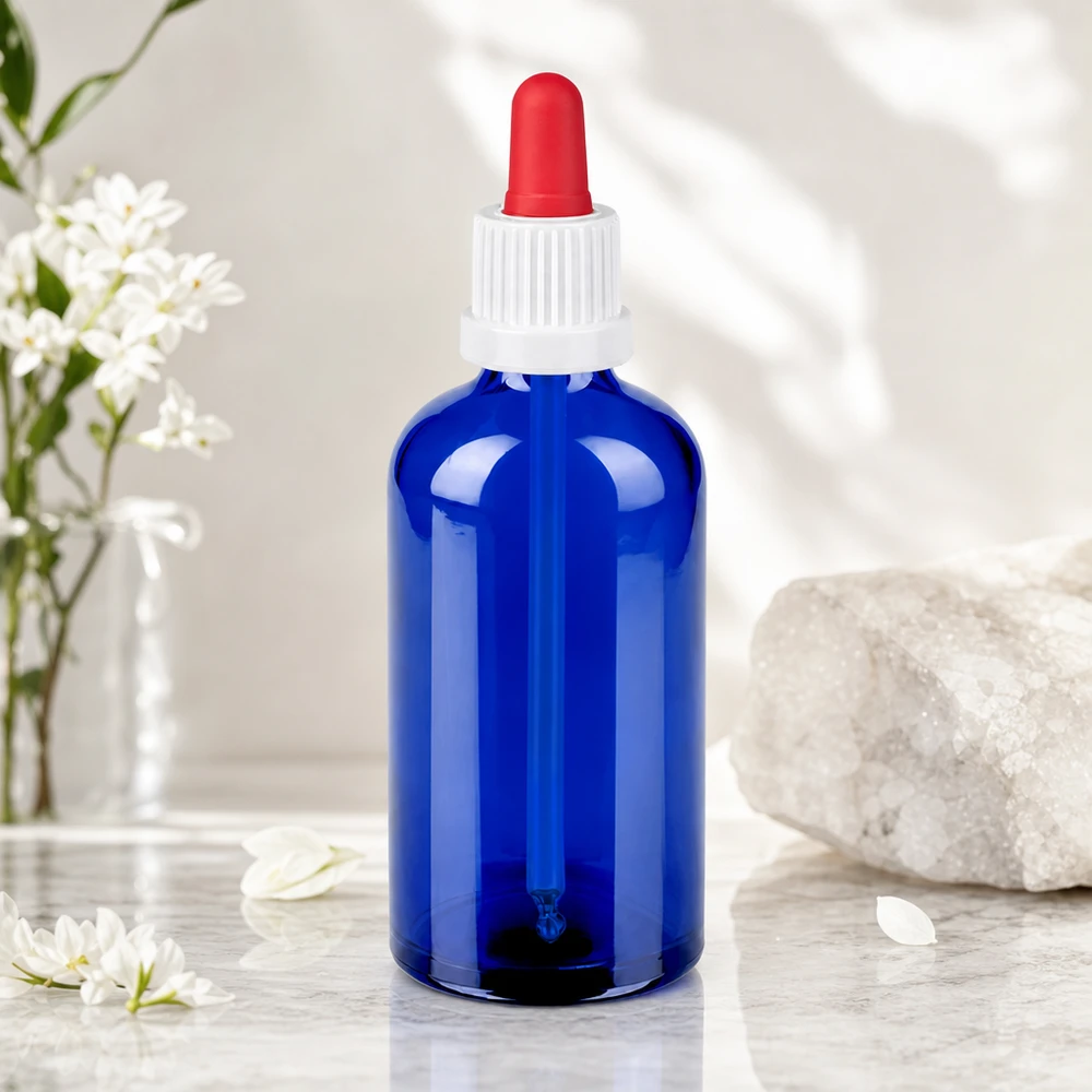 100ml pipetovací láhev černá bílá/červený uzávěr s ochranou proti manipulaci BlueLine UT18/100 Stilvolle 100ml Glasflasche in Kobaltblau mit rotem Pipettenaufsatz für hochwertige Tinkturen