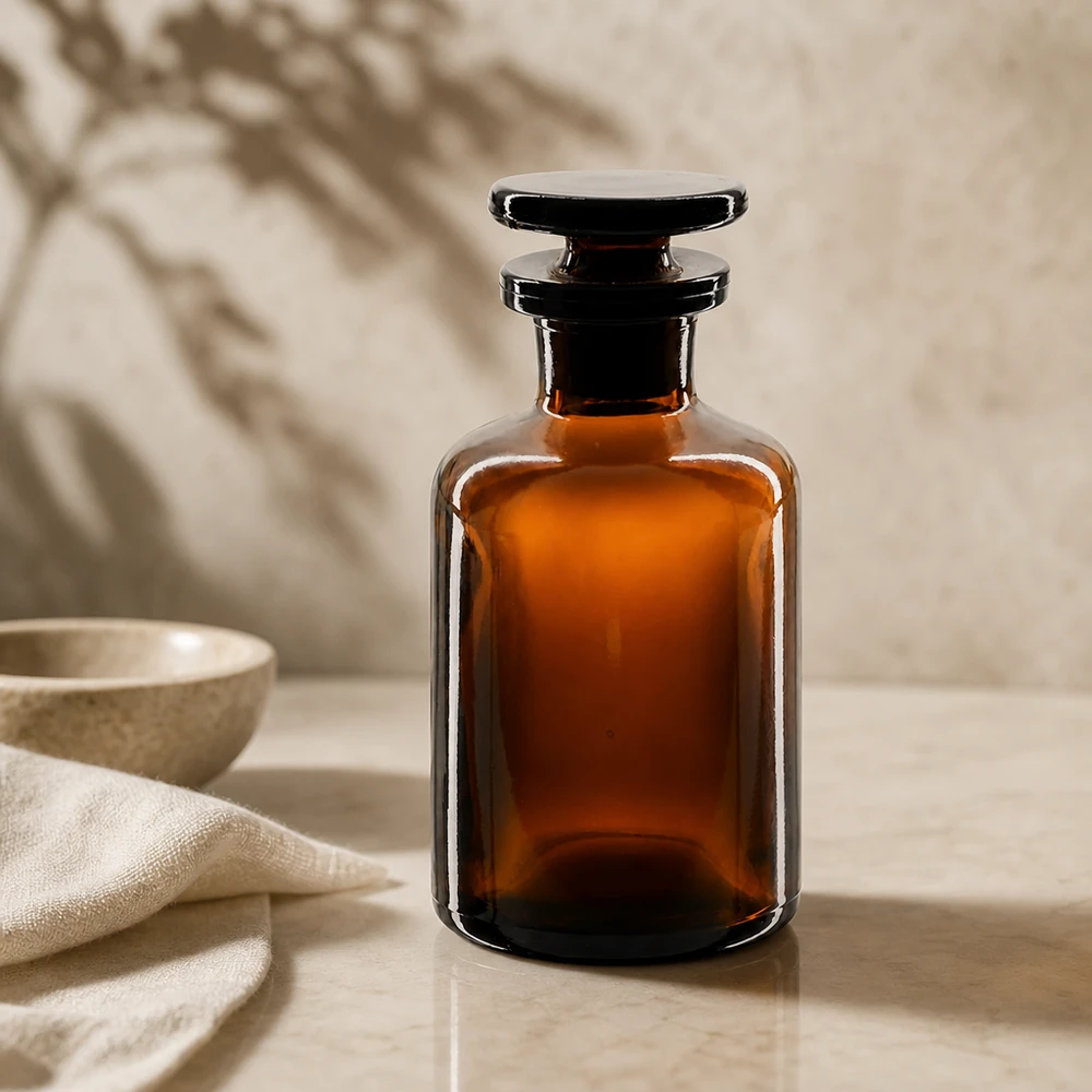 Láhev s kulatým ramenem 50ml hnědá skleněná zátka s úzkým hrdlem Chemikalienflasche Braunglas 50ml mit Glasschliffstopfen geringe Füllmenge Laborqualität