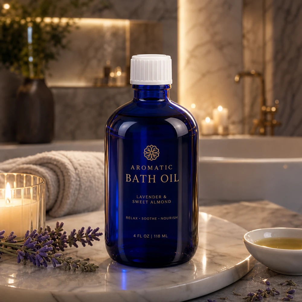 Zylindrische blaue Glasflasche 100ml auf Marmor mit Kerzendekor und Naturkräutern