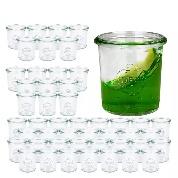 Sada 48 sklenic Weck o objemu 140 ml se skleněným víčkem. Sada 48 sklenic Weck o objemu 140 ml se skleněným víčkem.