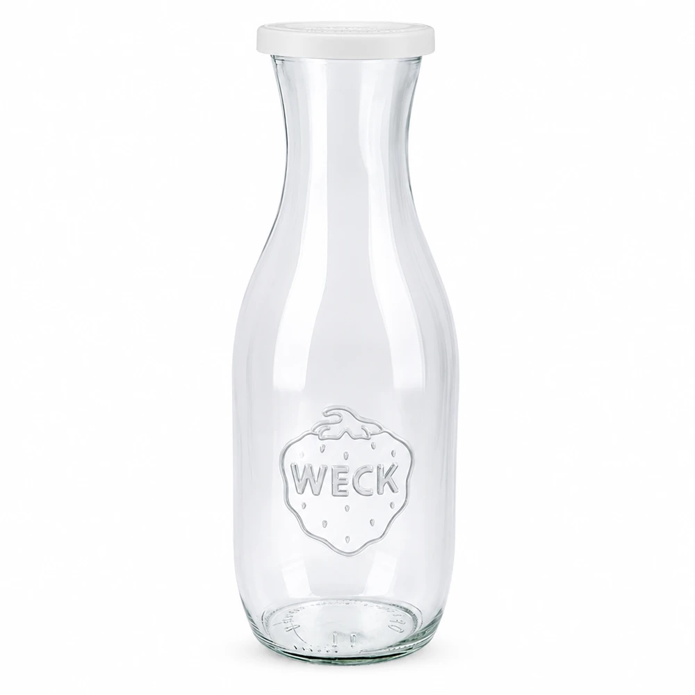 WECK Saftflasche 1062ml aus Glas mit weißem Frischedeckel und WECK Logo für Saft und Getränke