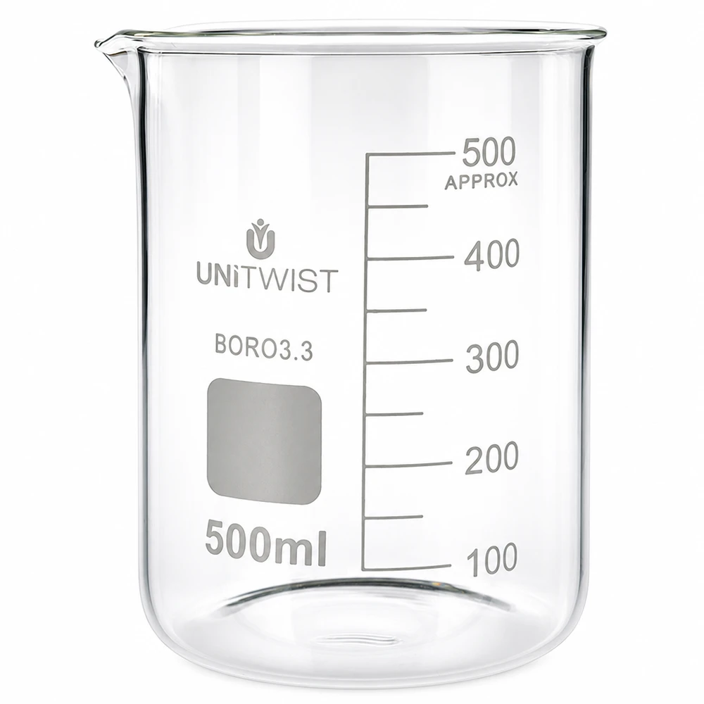 Kádinka 500 ml borosilikátová, nízká forma UNiTWIST Laborglas 500ml Becherglas niedrige Form Borosilikat mit Ausgießer und Graduierung