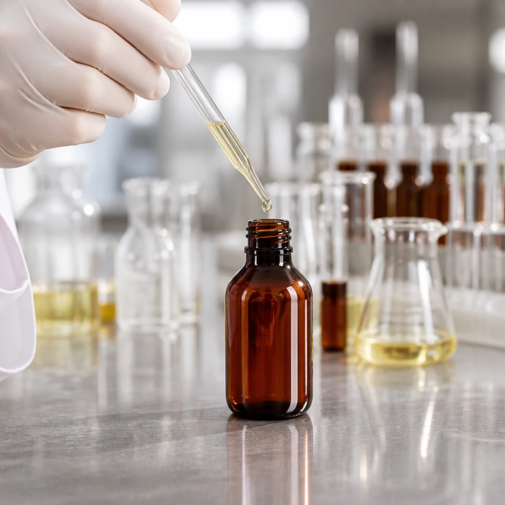 PET láhev 50ml s dávkovací pumpičkou černá Pipeta plní jantarově zbarvenou 50ml PET láhev žlutým olejem v profesionální laboratoři