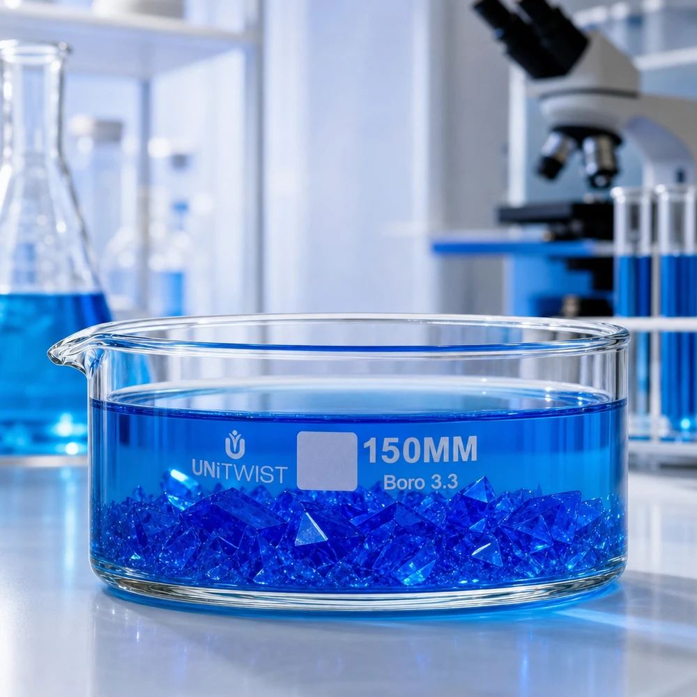 Laborschale UNiTWIST 150mm Boro 3.3 mit ausgefällten blauen Kristallen in Flüssigkeit