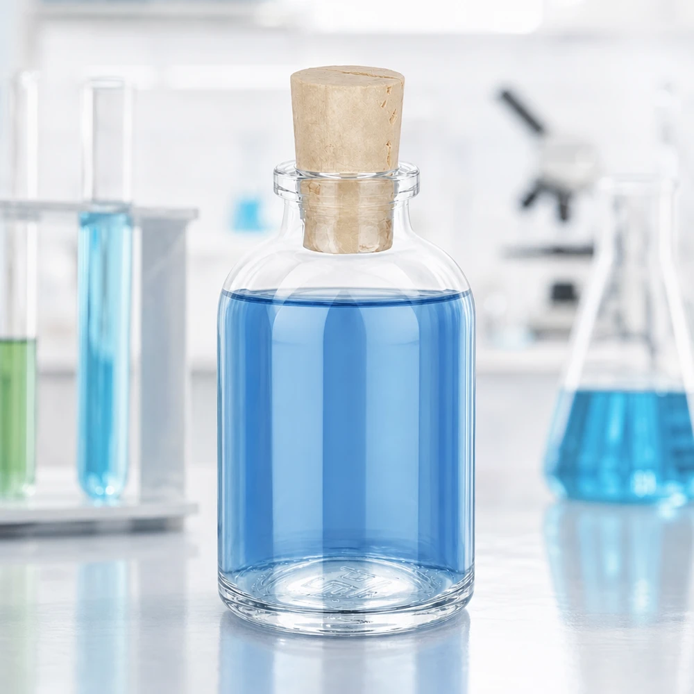 Lahvička z bezbarvého skla 50ml se zátkou 11/14mm Bauchige Vorratsflasche aus Klarglas 50ml mit konischem Naturkorken Laborausstattung