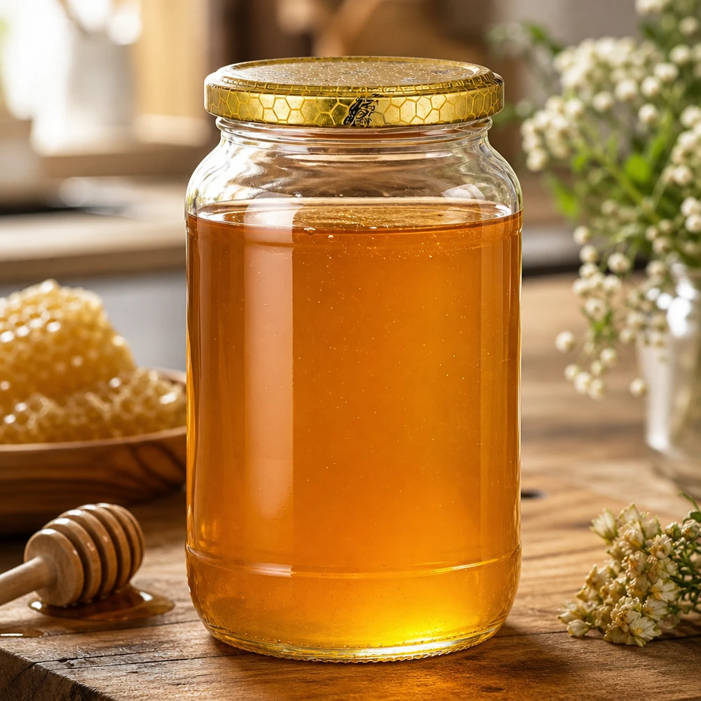 1062ml kulatá sklenice + víčko BasicSeal voština UNiTWIST 1062ml Rundglas mit goldenem Bienenwabe-Deckel gefüllt mit Honig neben Waben und Honiglöffel natürliche Küchendeko