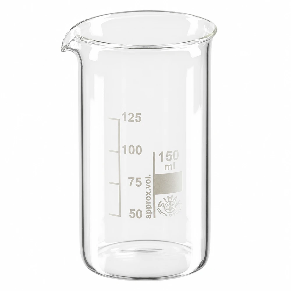 Kádinka 150 ml z borosilikátového skla, vysoký tvar Transparentes Messbecherglas 150ml aus Borosilikatglas mit Skalierung 50 bis 125ml
