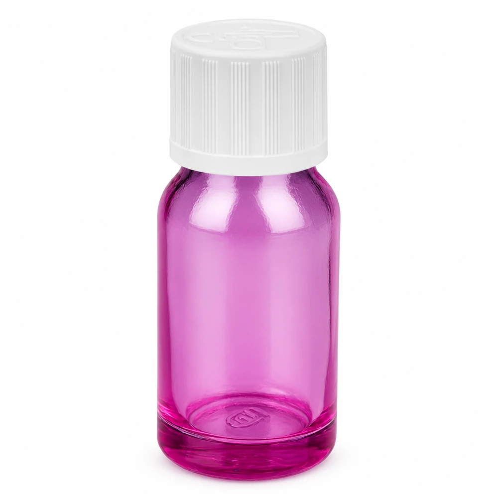 10ml lahvička s 11mm šroubovacím uzávěrem bílé barvy standardní PurpleLine UT18/10 odolná proti otevření dětmi. Runde 10ml Flasche in elegantem Violett mit weißem Verschluss für professionelle Anwendungen