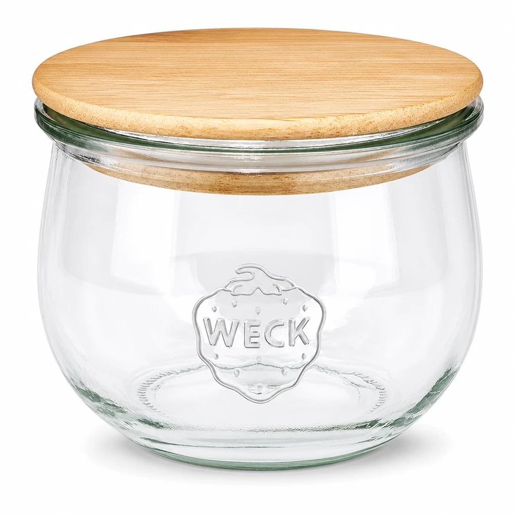 WECK Tulpenglas 580ml RR100 mit natürlichem Holzdeckel - Vorratsglas aus klarem Glas mit WECK Logo