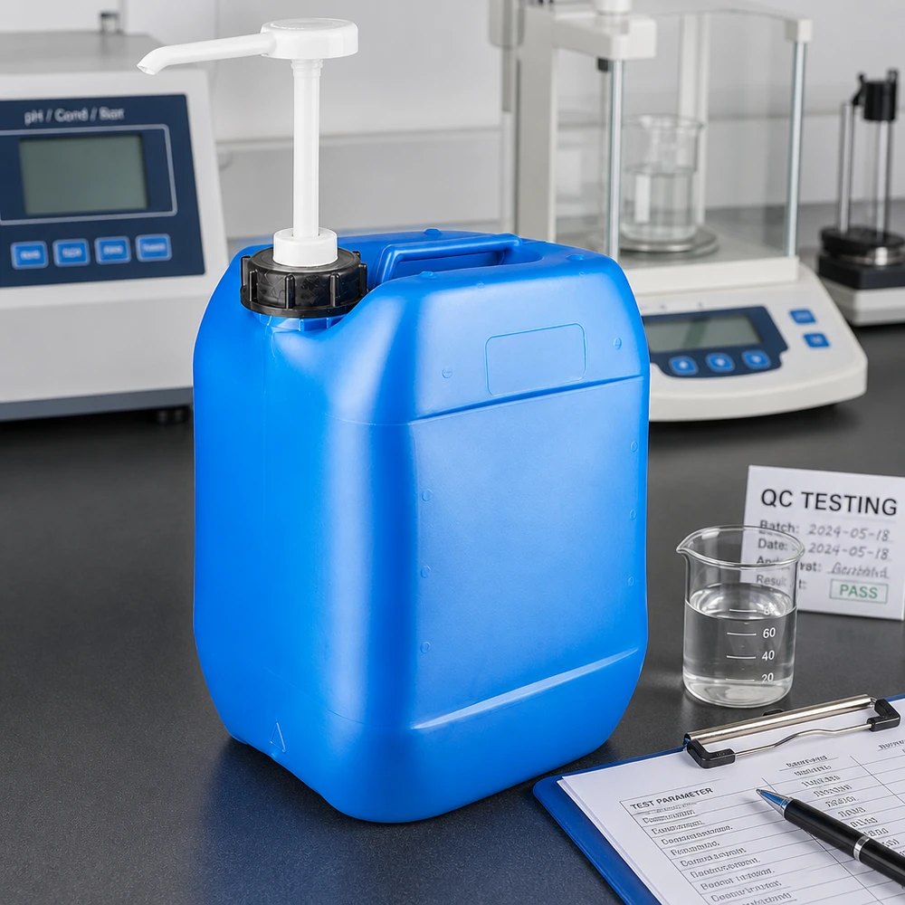 Blauer 10 Liter Kanister mit Dosierpumpe und schwarzem Schraubdeckel auf Labortisch