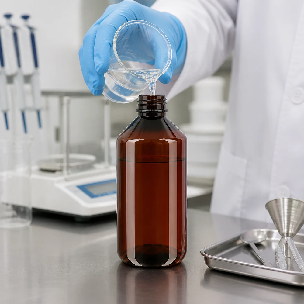 PET láhev 750ml s bílým standardním uzávěrem s možností manipulace. Laborant naplňuje hnědou PET láhev o objemu 750 ml s bílým etiketem čirou kapalinou z kádinky