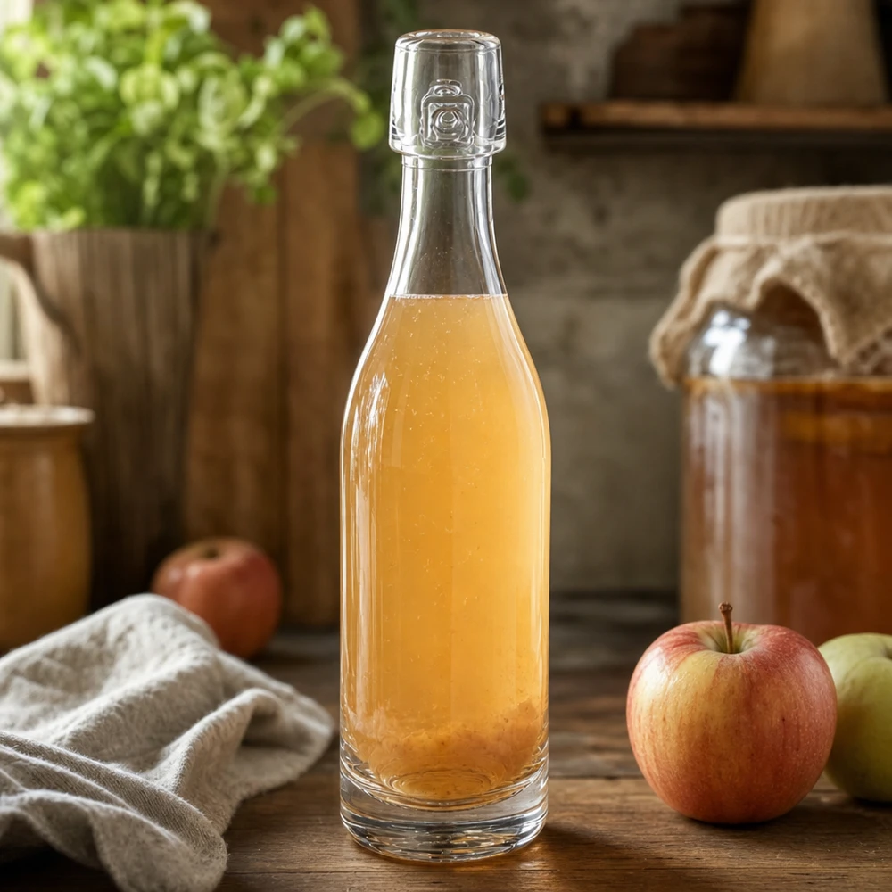 Skleněná lahvička 50 ml bez otočného uzávěru UNiTWIST 50ml Glasflasche UNiTWIST mit Apfelsaft gefüllt neben frischen Äpfeln rustikale Küchenszene Holzuntergrund