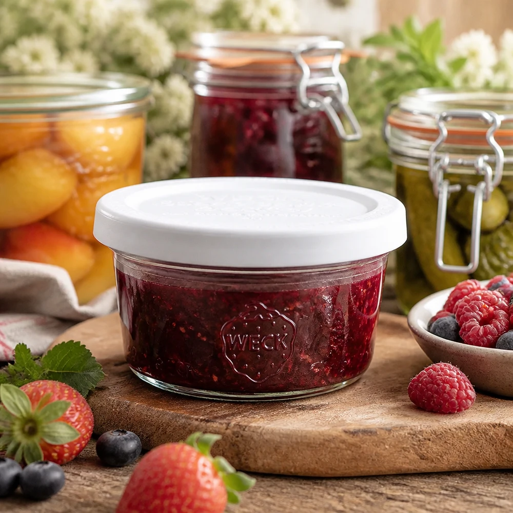 WECK 50ml Sturzglas RR60 mit Marmelade gefüllt auf Holzbrett umgeben von frischen Beeren und Einmachgläsern