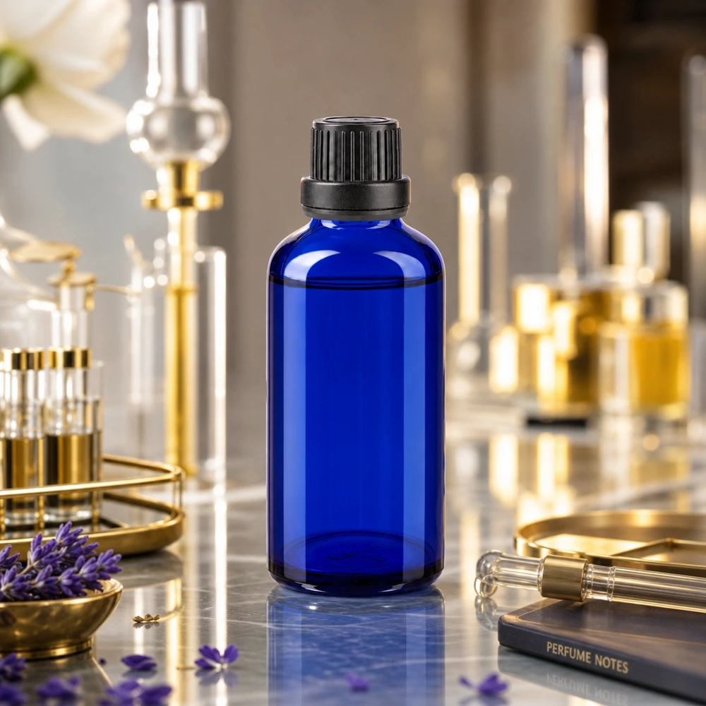 Lékárenská láhev modrá 50ml kapací uzávěr s nalévacím kroužkem 2mm černý uzávěr proti neoprávněné manipulaci. Blaue 50ml Dosierflasche mit schwarzem OV-Tropfeinsatz auf Marmor neben Parfümnotizen und Pipette