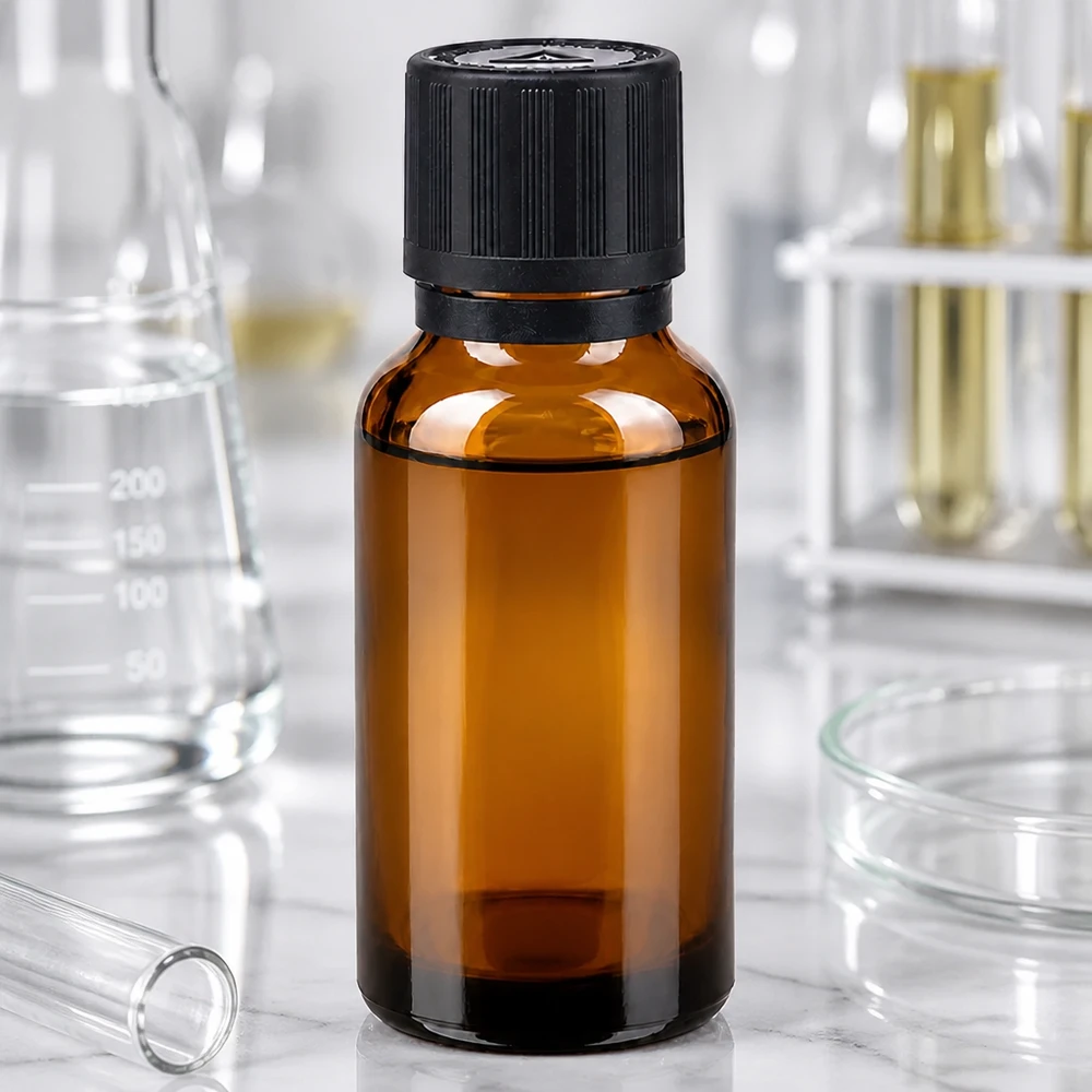 Lékárenská láhev hnědá 20ml kapátko nalévací kroužek 1mm černá dětská pojistka slepý výstražný symbol tamper evidentní uzávěr. Pharmazeutische Braunglasflasche mit 1mm Tropfeinsatz und Kindersicherung auf Marmoruntergrund