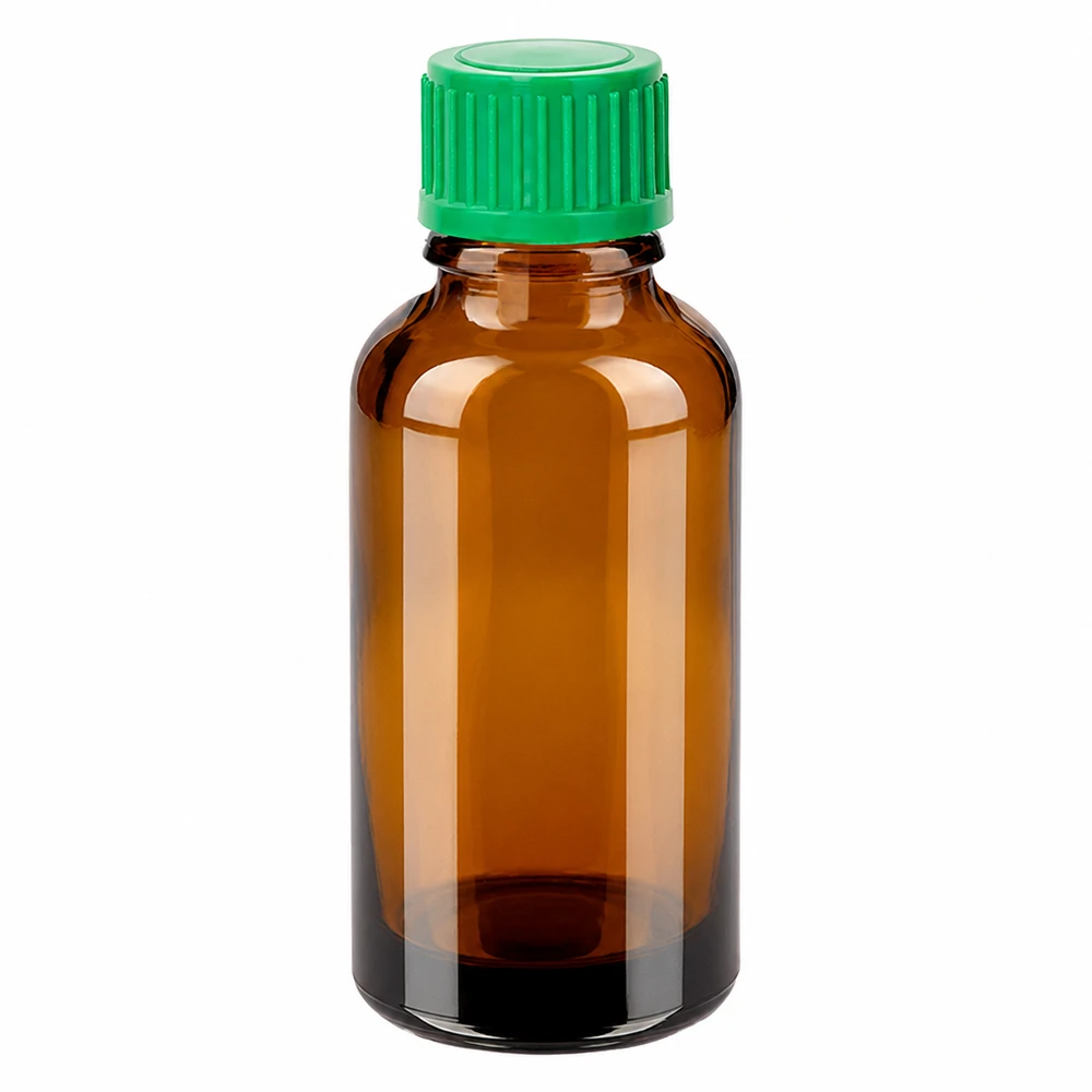 Apothekerflasche 30ml braun mit präzisem Tropfsystem und grünem Verschluss