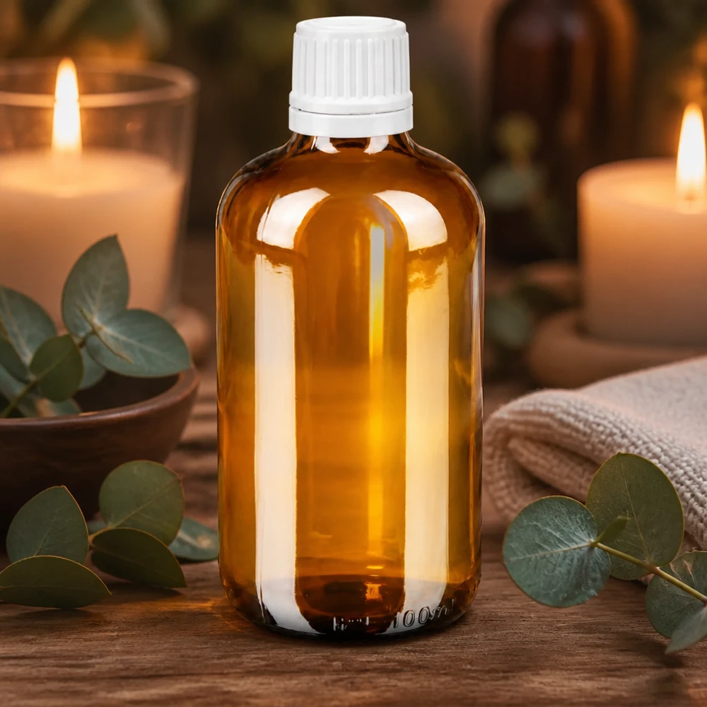 Lékárenská láhev hnědá 100ml kapací uzávěr 1,2mm bílý uzávěr odolný proti manipulaci. Hochwertige Apothekerflasche Braunglas 100ml weiß 0,7mm Öffnung für ätherische Öle
