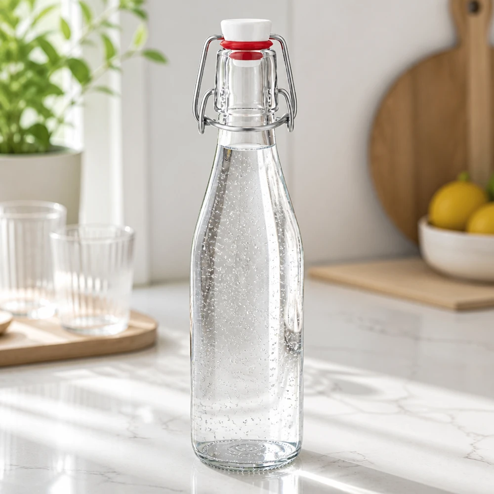 250ml skleněná láhev + výkyvný vršek PVC UNiTWIST 250ml Glasflasche mit Bügelverschluss gefüllt mit Mineralwasser, moderne Küchenarbeitsplatte aus Marmor mit Gläsern