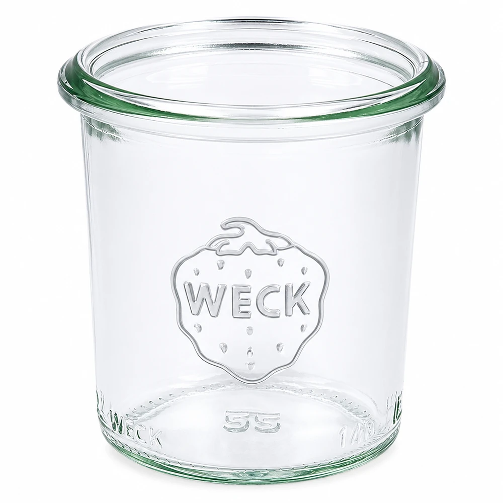 140ml tumbler WECK RR60 s dřevěným dřevem - 140ml tumbler WECK RR60 s dřevěným dřevem. 140ml WECK Sturzglas RR60 aus klarem Glas mit WECK Logo und grünem Dichtungsring für Einmachen
