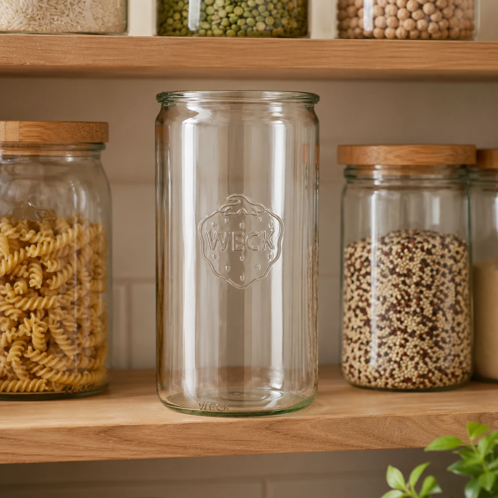 1590ml válcová sklenice WECK RR100 s dřevěným dřívkem. WECK 1590ml Zylinderglas RR100 leer in Küche zwischen gefüllten Vorratsgläsern mit Pasta und Getreide auf Holzregal