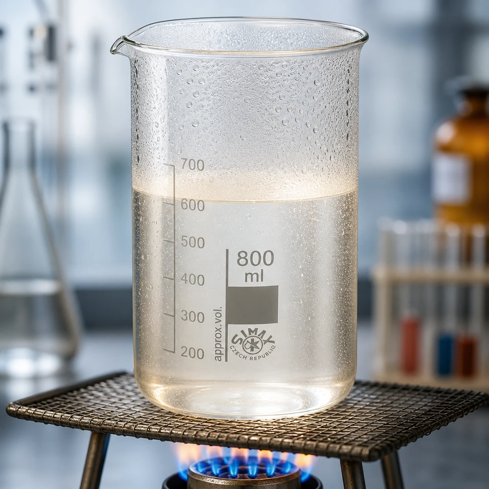 Kádinka 800ml z borosilikátového skla, vysoký tvar Borosilikatglas Becherglas 800ml hohe Form auf Eisendreifuß mit Keramiknetz über Gasflamme