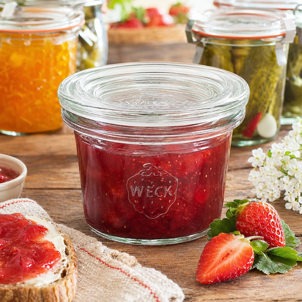 35ml kelímky se skleněným víčkem WECK RR40 WECK Sturzglas 35ml RR40 mit roter Erdbeermarmelade gefüllt neben frischen Erdbeeren und Marmeladenbrot