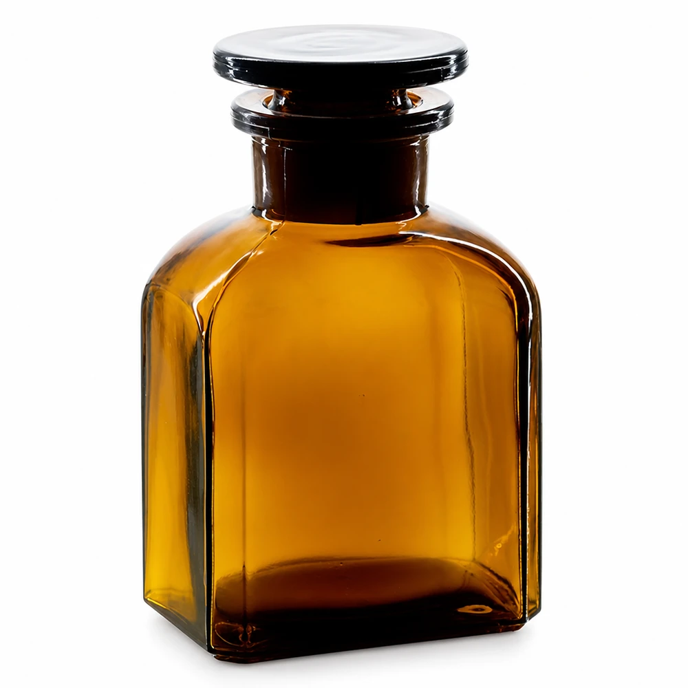 Čtvercová láhev 150ml hnědá skleněná zátka se širokým hrdlem Lichtschutzflasche 150ml Vierkant aus braunem Glas mit breitem Hals und flachem Glasverschluss