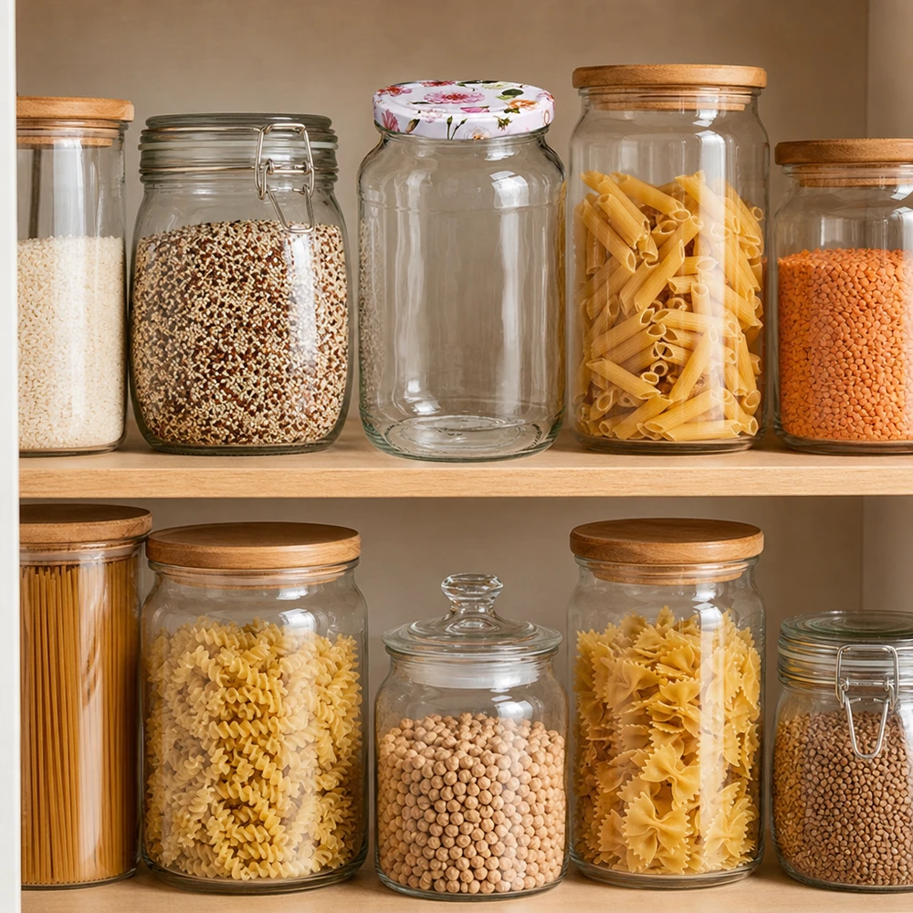 Organisierte Vorratsküche mit 1062ml Rundgläsern Pasta Hülsenfrüchte Getreide rosa Blumendeckel BasicSeal Aufbewahrung