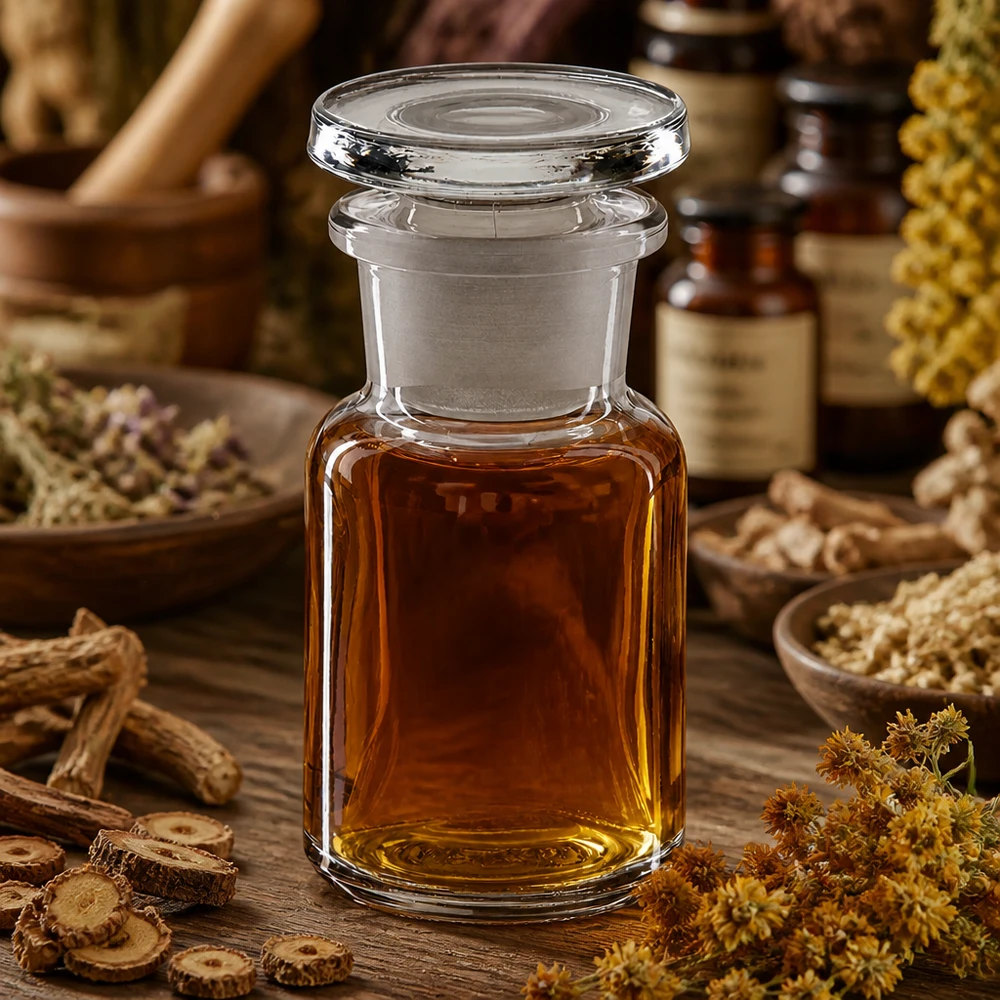 Láhev s kulatým ramenem 50ml čirá skleněná zátka se širokým hrdlem Handgefertigte Glasflasche Weithals 50ml mit Stopfen für Tinkturen und Pflanzenöle geeignet