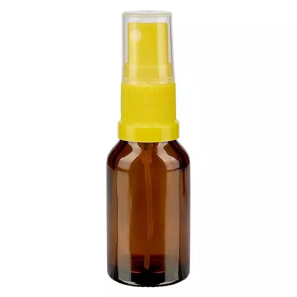 Lékárenská lahvička hnědá 30ml s nástavcem na sprej žlutá