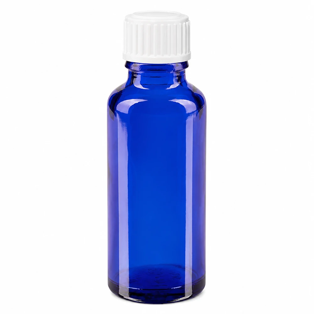 Hochwertige 30ml Apothekerflasche Blauglas lichtgeschützt mit weißem Schraubverschluss Standard