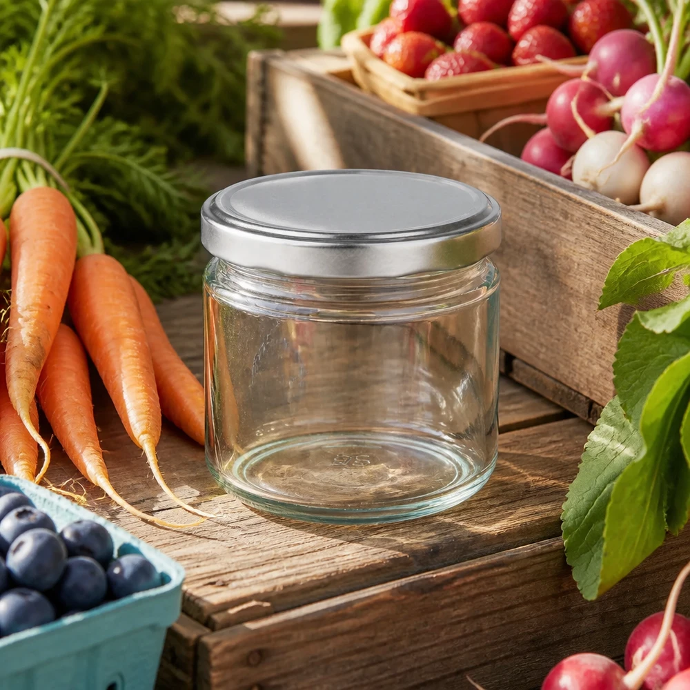 330ml Rundglas mit BasicSeal Deckel inmitten frischem Gemüse auf Holztisch Marmeladenglas für Einkochen und Konservieren