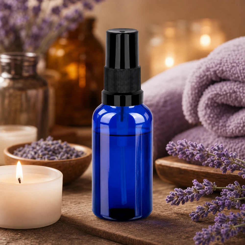 30ml lahvička s rozprašovačem černá standardní uzávěr BlueLine UT18/30 Elegante 30ml Sprayflasche blau-schwarz für hochwertige Essenzen und Naturkosmetik