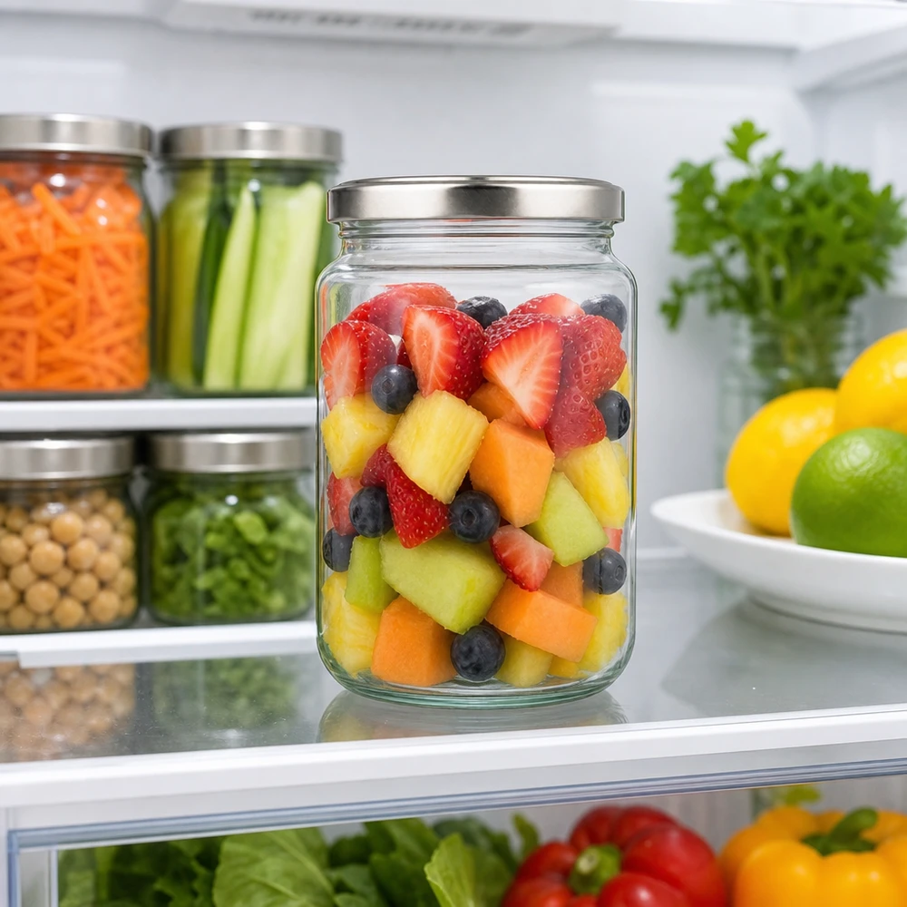 382ml Rundglas mit silbernem Deckel gefüllt mit Obstsalat im Kühlschrank Food Prep Meal Prep Vorratsglas