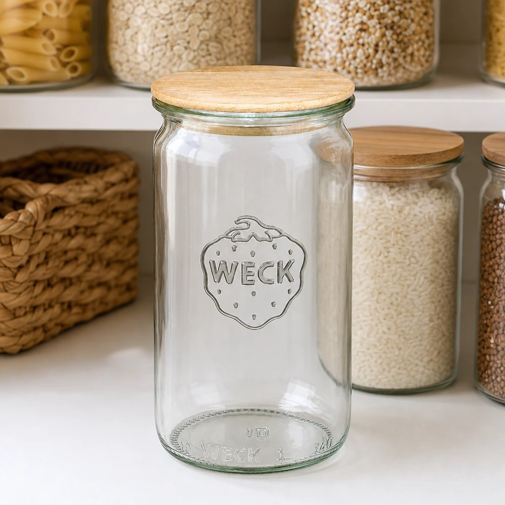 340ml válcová sklenice WECK RR60 s dřevěným víčkem buk. WECK Zylinderglas 340ml RR60 leer mit Holzdeckel in organisierter Vorratsküche zwischen gefüllten Vorratsgläsern