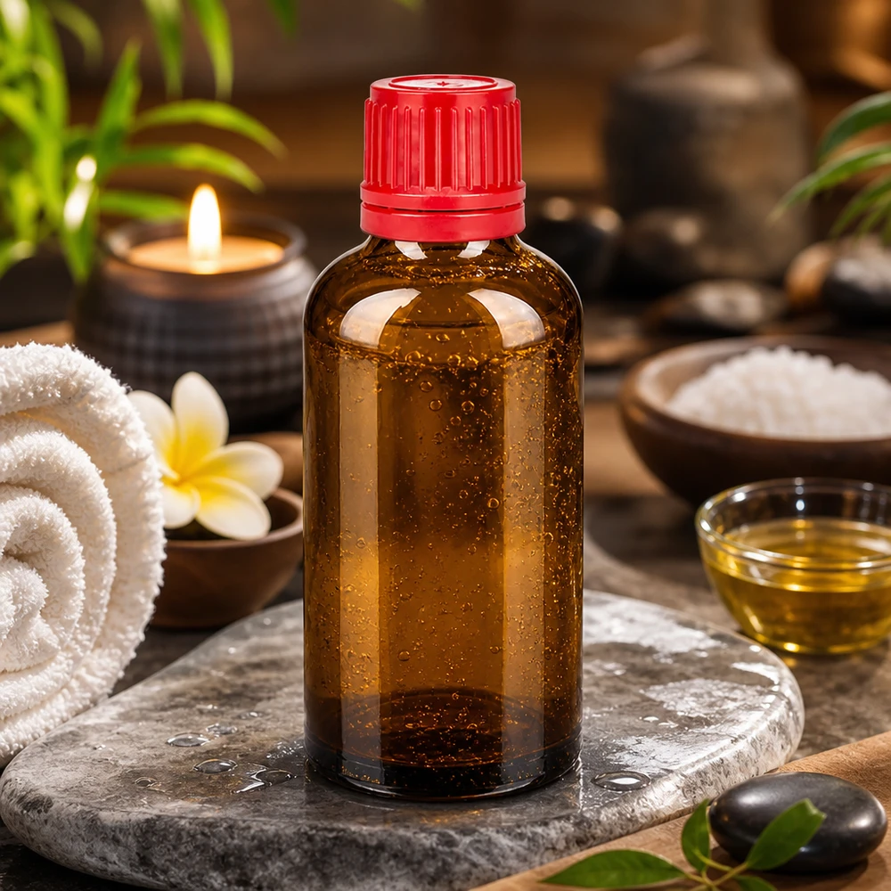 50ml láhev 11mm šroubovací uzávěr červený tamper evidentní uzávěr BrownLine UT18/50 Apotheken-Qualität 50ml Braunglasflasche mit manipulationssicherem Verschluss und Dosierhilfe