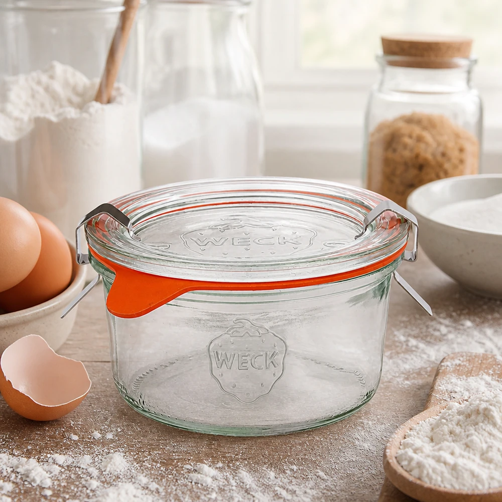 Kompletní 165ml tumble nádoby WECK RR80 s čerstvým freshem. WECK Sturzglas 165ml RR80 in Küche mit Backzutaten, Eiern, Mehl und Milch für hausgemachte Rezepte