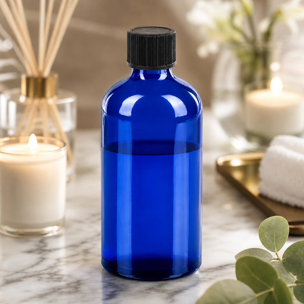 Medizinflasche 100ml aus blauem Glas mit Tropfeinsatz für therapeutische Anwendungen