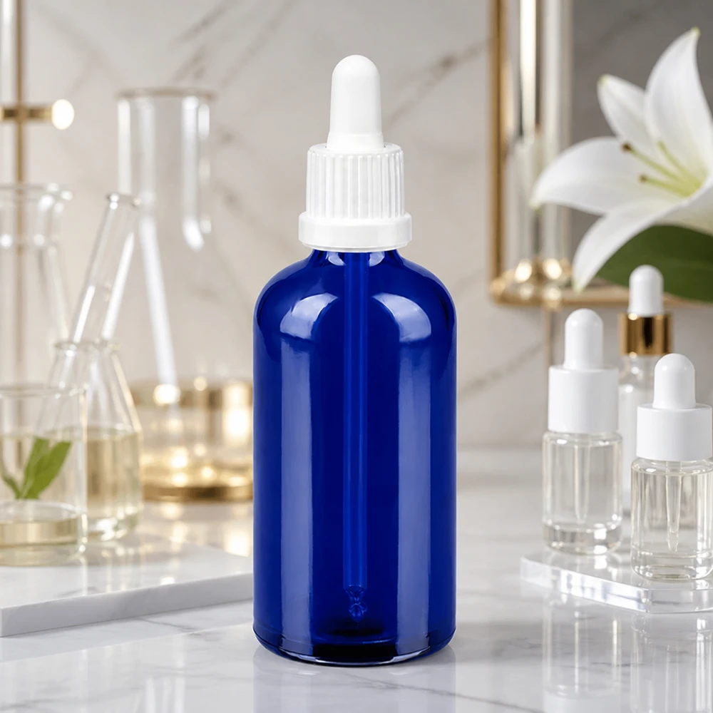 Premium Glasflasche 100ml blau mit graduierter Pipette für exakte Dosierung BlueLine UT18/100