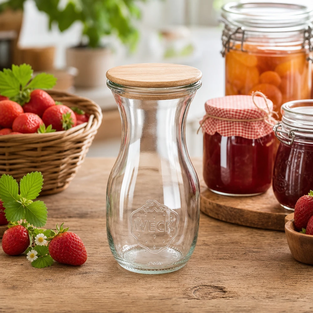 290ml láhev na šťávu Edition RR60 s dřevěným víčkem WECK Saftflasche 290ml mit Holzdeckel in natürlicher Küchenumgebung mit Erdbeeren und Marmeladengläsern