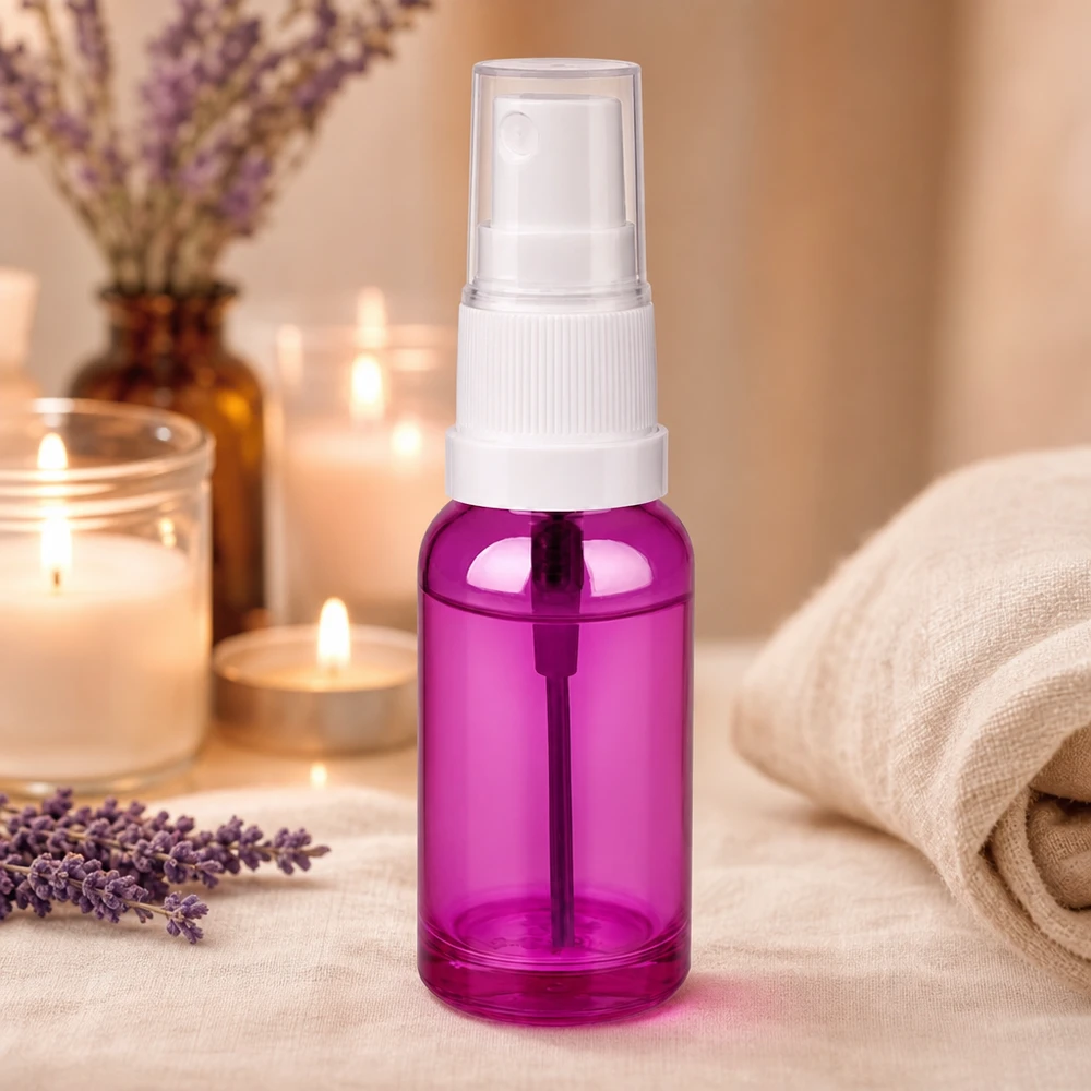 Hochwertige 20ml Sprühflasche durchsichtig lila mit weißem Pumpkopf für Gesichtswasser