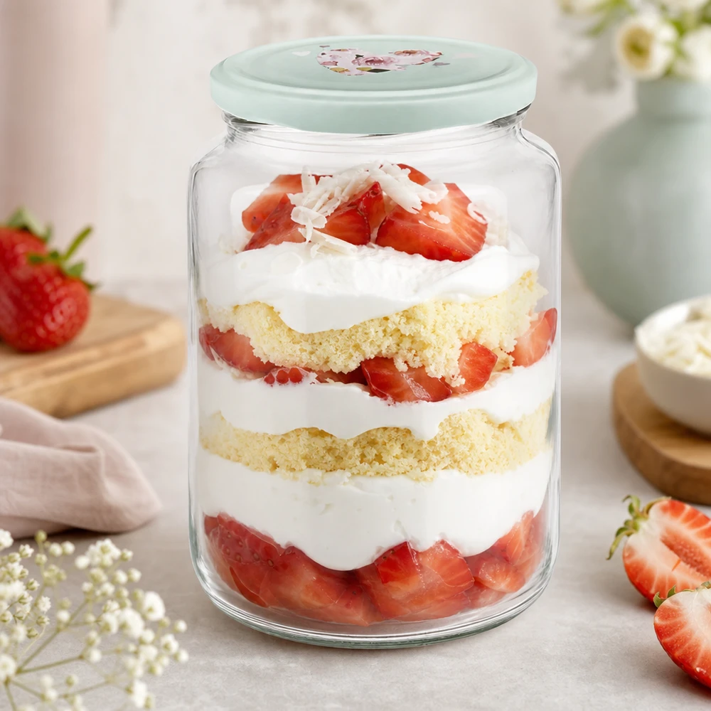 795ml kulatá sklenice + víčko BasicSeal srdíčková máta UNiTWIST 795ml Rundglas mint Herzdeckel mit Erdbeertrifle Dessert im Glas geschichtet Kuchen Sahne Beeren Nachtisch