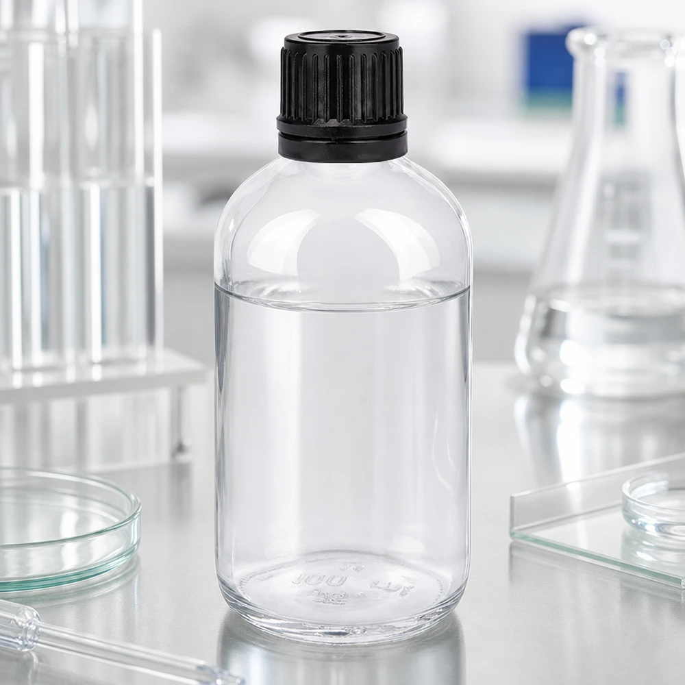 100ml globulová láhev 3mm nalévací kroužek černý standardní uzávěr ClearLine UT18/1 Pharmazeutische Aufbewahrungsflasche 100ml Globuliflasche mit sicherem Schraubverschluss in professioneller Laborumgebun